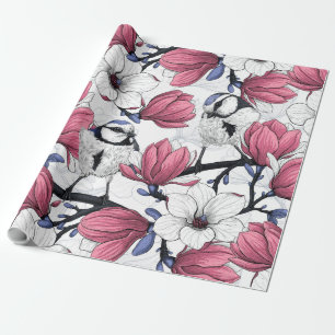 Pink magnolia and blue tit birds wrapping paper