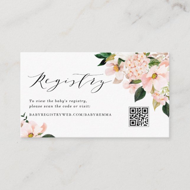 Pink Magnolia and Hydrangea URL Code Gift Registry Enclosure Card (Front)