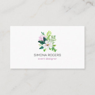 Pink magnolia and leaves, watercolor bouquet business card