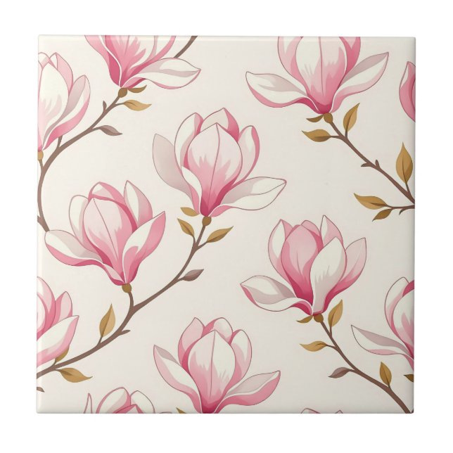 Pink Magnolia Blossom Pattern Ceramic Tile (Front)