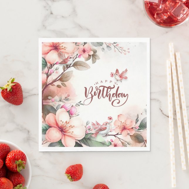 Pink Magnolia Blossoms and Birds Happy Birthday Napkin (Insitu)