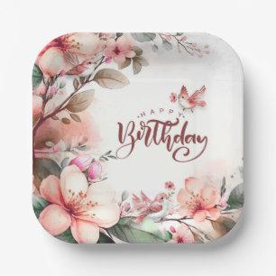 Pink Magnolia Blossoms and Birds Happy Birthday Paper Plate