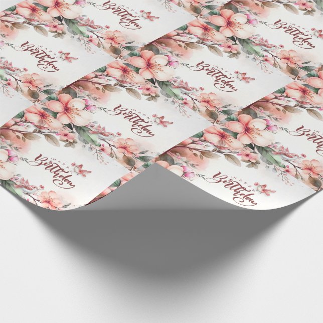 Pink Magnolia Blossoms and Birds Happy Birthday Wrapping Paper (Corner)
