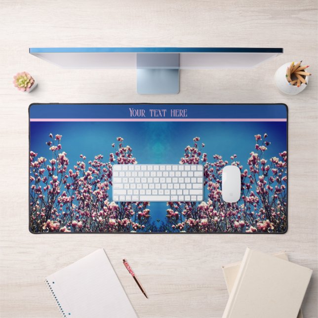 Pink Magnolia Blossoms Blue Sky Personalised Desk Mat (Office 1)