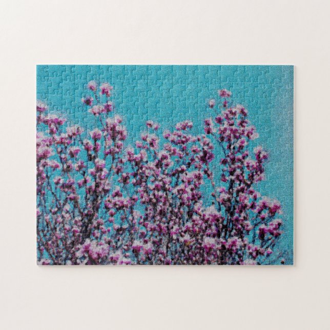 Pink Magnolia Blossoms Blue Sky Photo Painting  Jigsaw Puzzle (Horizontal)
