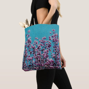 Pink Magnolia Blossoms Blue Sky Photo Painting Tote Bag