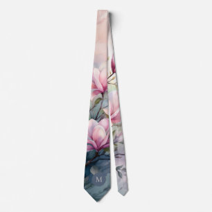 Pink Magnolia Blossoms Botanical Monogrammed Tie