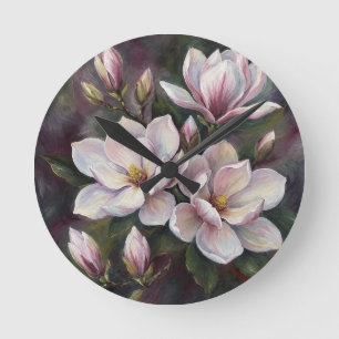 Pink Magnolia Blossoms Dark Floral Oil Painting Round Clock