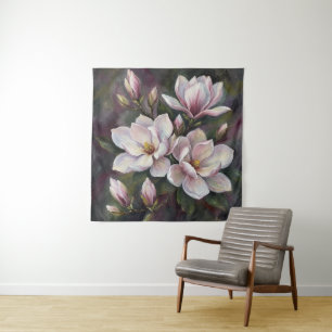 Pink Magnolia Blossoms Dark Floral Oil Painting Tapestry