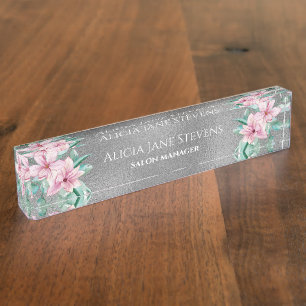 Pink magnolia bouquet silver glitter salon manager nameplate