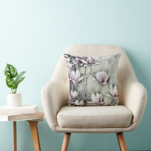Pink magnolia branch drawing grey black backgound  cushion