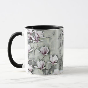Pink magnolia branch drawing grey black backgound mug