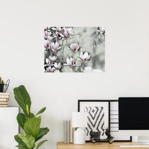 Pink magnolia branch drawing grey black backgound  poster