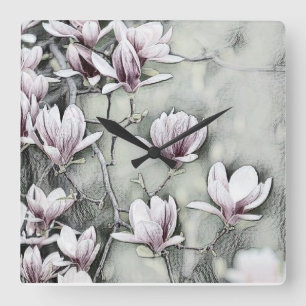Pink magnolia branch drawing grey black backgound square wall clock