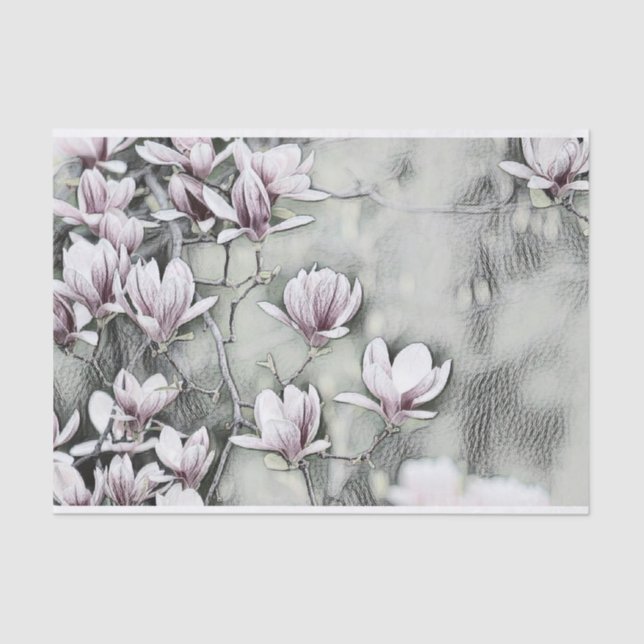 Pink magnolia branch drawing grey black backgound tissue paper (Front)