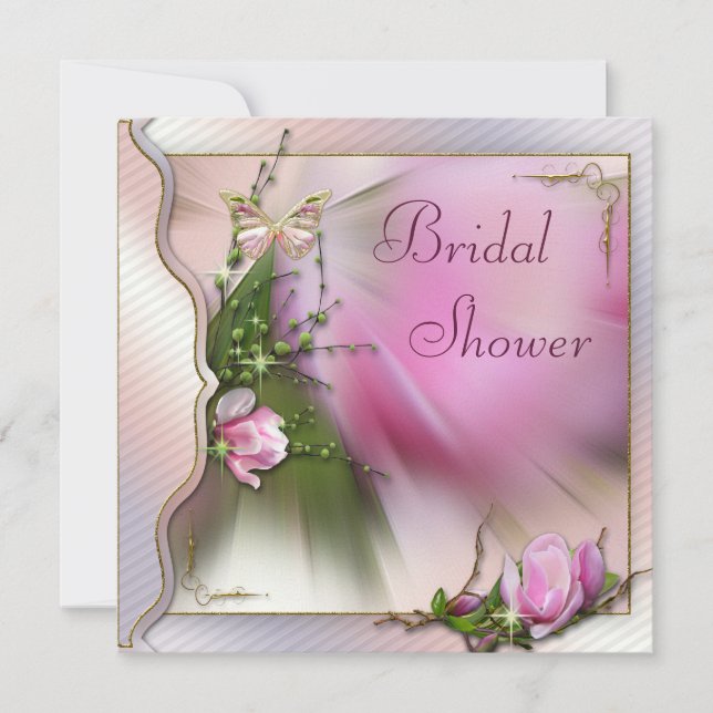 Pink Magnolia Butterfly Sparkle Bridal Shower Invitation (Front)