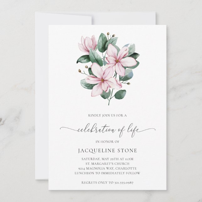 Pink Magnolia Floral Elegant Celebration of Life Invitation (Front)