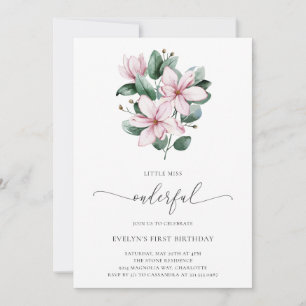Pink Magnolia Floral Elegant First Birthday Invitation