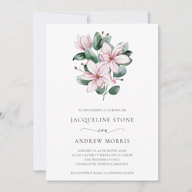 Pink Magnolia Floral Elegant Spanish Wedding Invitation (Front)