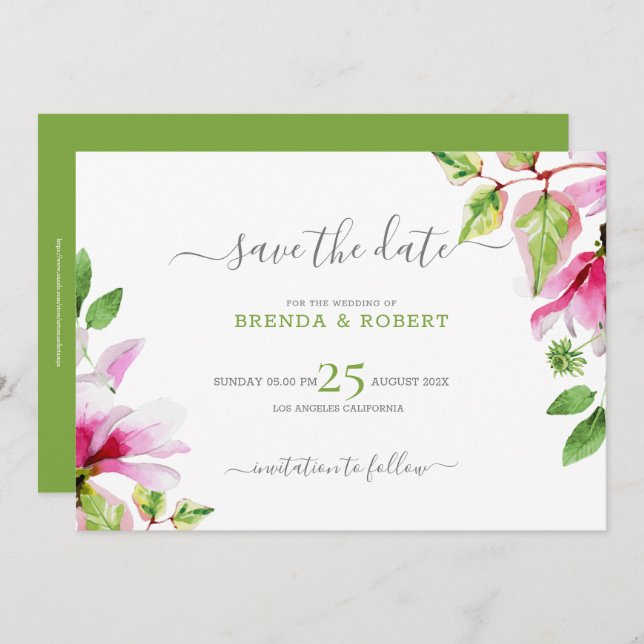 Pink magnolia floral frame save the date (Front/Back)