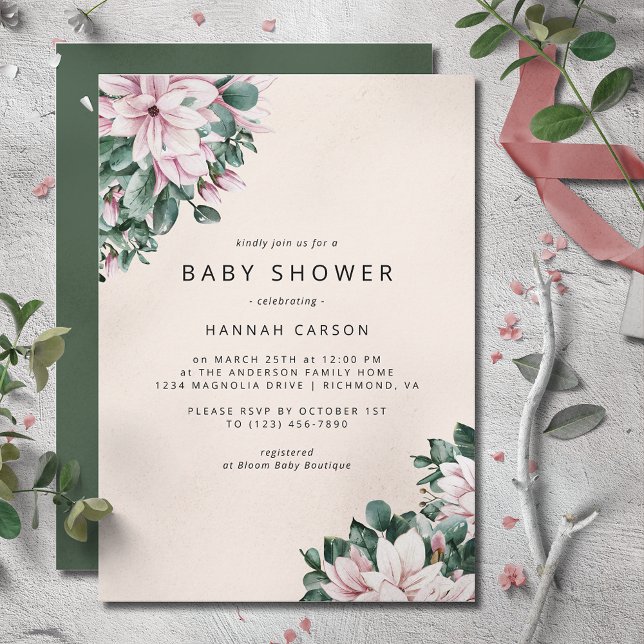 Pink Magnolia Floral | Ivory and Green Baby Shower Invitation (Creator Uploaded)