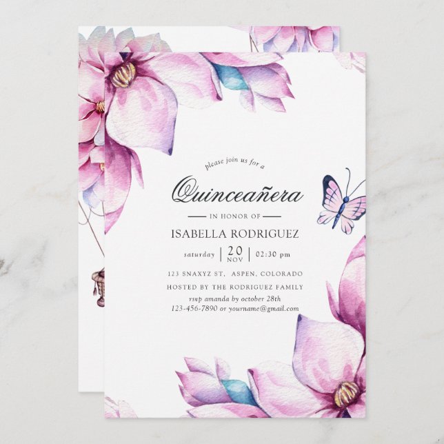 Pink Magnolia Floral Quinceañera Invitation (Front/Back)