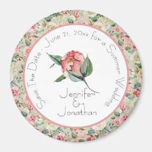 Pink Magnolia Floral Save the Date Wedding Magnet