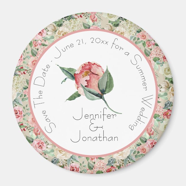Pink Magnolia Floral Save the Date Wedding Magnet (Front)