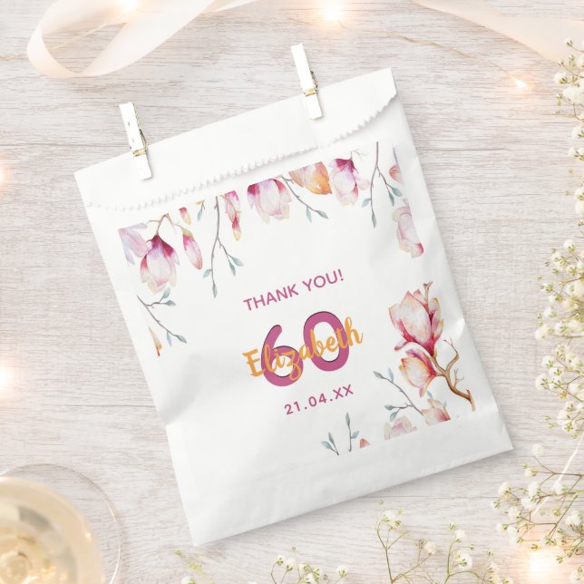 Pink magnolia floral white thank you 60th birthday favour bag (Clipped)