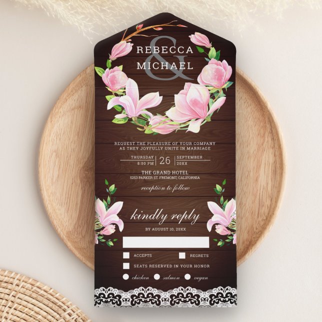 Pink Magnolia Floral Wreath Barn Wood Wedding All In One Invitation (Creator Uploaded)