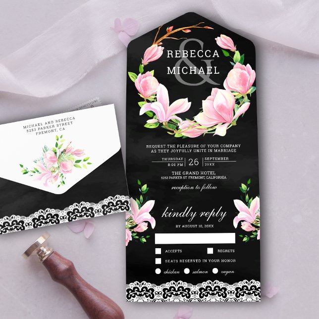 Pink Magnolia Floral Wreath Black Wedding All In One Invitation (Creator Uploaded)