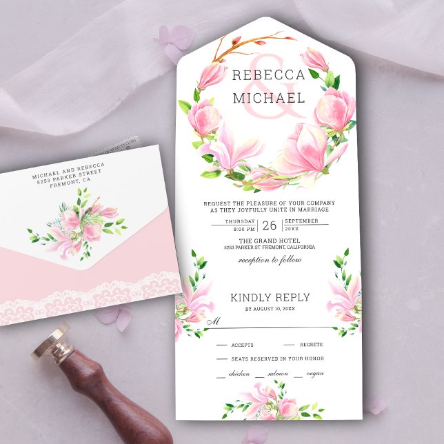 Pink Magnolia Floral Wreath Wedding All In One Invitation (Creator Uploaded)