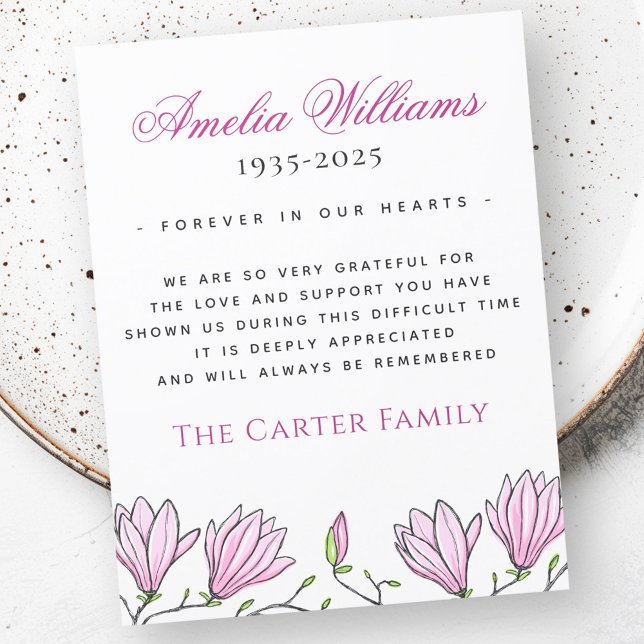 Pink magnolia flow funeral sympathy thank you card (Pink magnolia flow funeral sympathy thank you card)