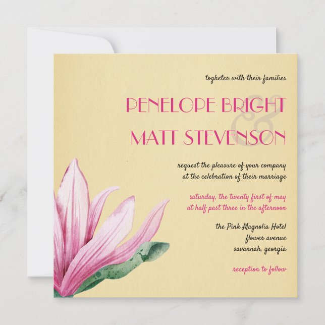 Pink Magnolia Flower | Antique Paper | Wedding Invitation (Front)