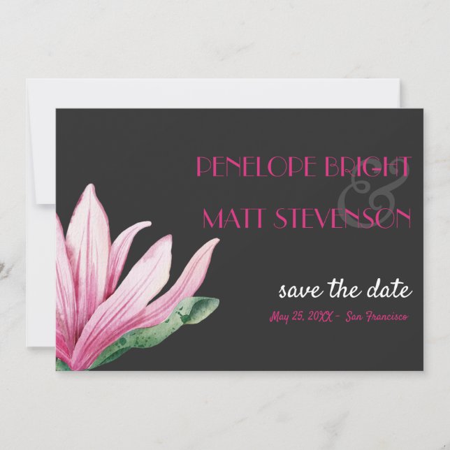 Pink Magnolia Flower Grey WEDDING SAVE THE DATE Invitation (Front)
