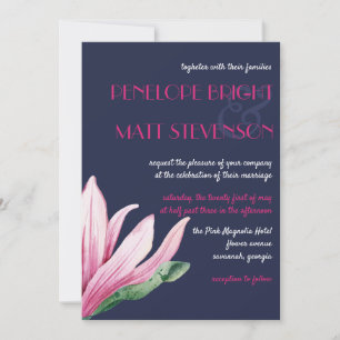 Pink Magnolia Flower in bloom Blue Wedding Invitation