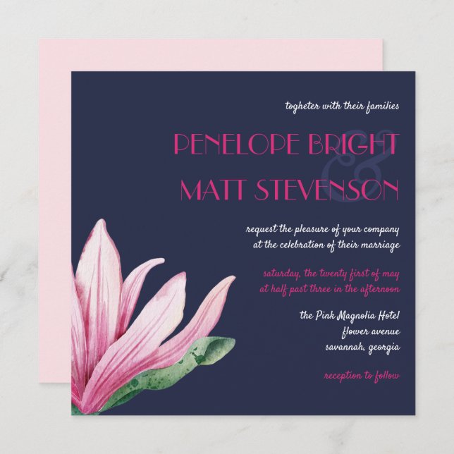 Pink Magnolia Flower In Bloom | Blue Wedding Invitation (Front/Back)
