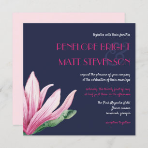 Pink Magnolia Flower In Bloom   Blue Wedding Invitation