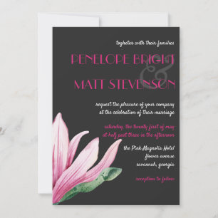Pink Magnolia Flower in bloom   Grey Wedding Invitation
