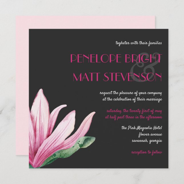 Pink Magnolia Flower In Bloom | Grey Wedding Invitation (Front/Back)