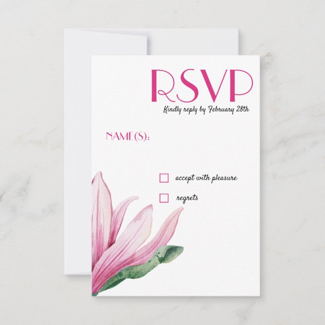 Pink Magnolia Flower in bloom Wedding RSVP Invitation (Front)