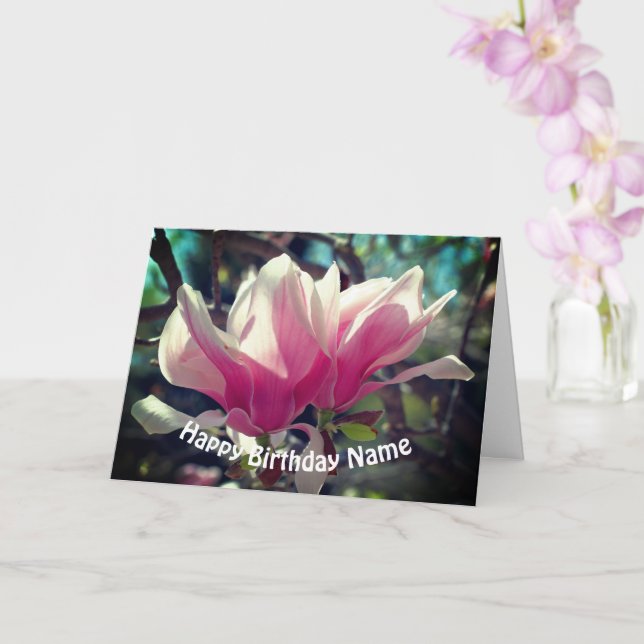Pink Magnolia Flower Personalised Birthday  Card (Orchid)