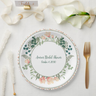 Pink Magnolia Flowers and Greenery Bridal Shower  Paper Plate