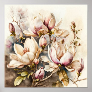 Pink Magnolia Flowers Art Print Poster