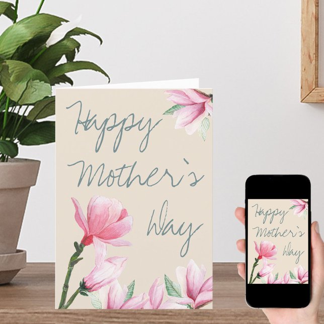 Pink Magnolia Flowers Handwritten Mothers Day Card (Creator Uploaded)