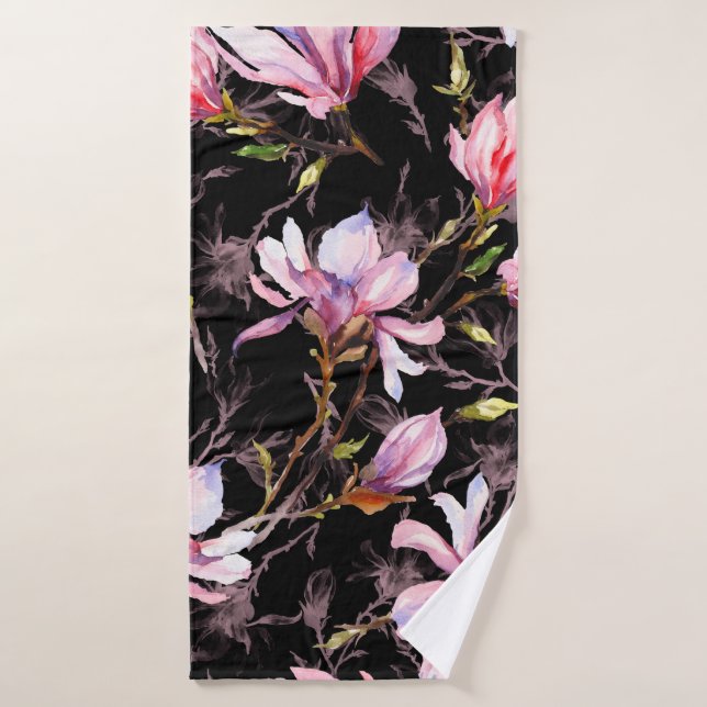 Pink magnolia flowers on a twig pattern bath towel (Bath Towel)