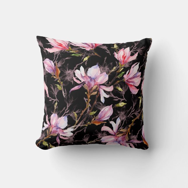 Pink magnolia flowers on a twig pattern cushion (Front)