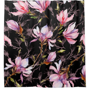 Pink magnolia flowers on a twig pattern shower curtain