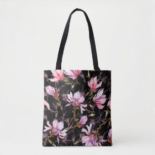 Pink magnolia flowers on a twig pattern tote bag