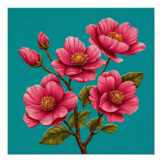 Pink Magnolia Flowers On Turquoise Botanical Backg Poster